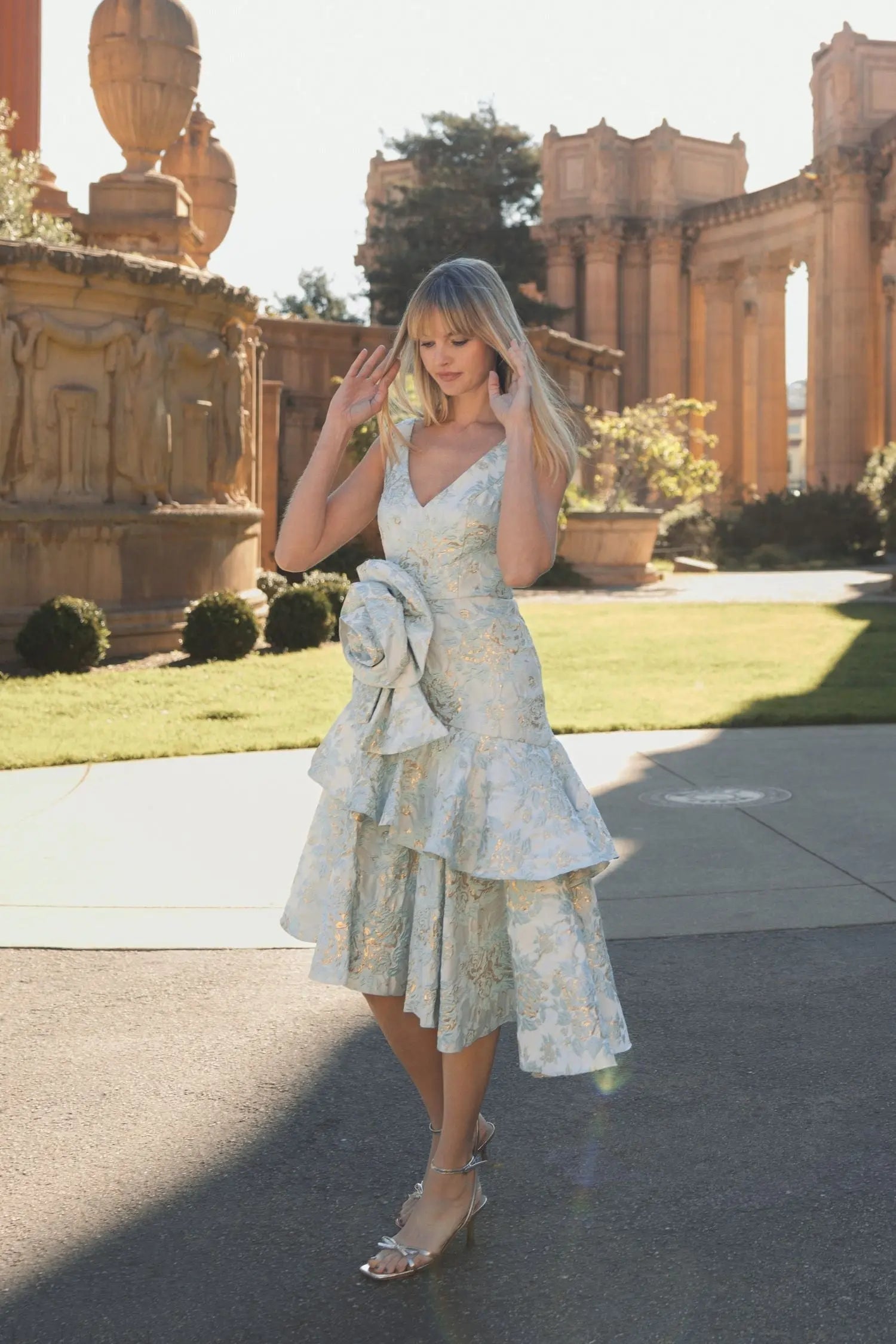 Green Floral Brocade Asymmetrical Hem Dress with Rosette