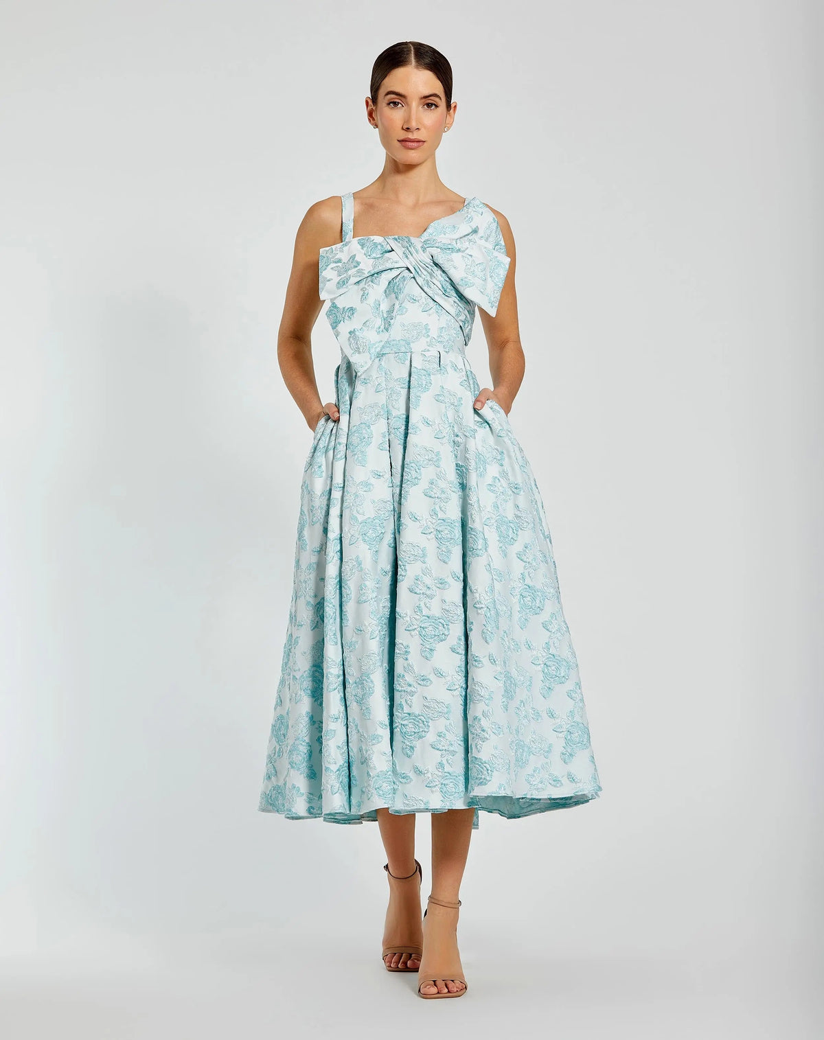 Blue Sleeveless Large Bow Detail Floral Brocade Dress