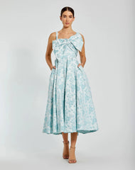 Blue Sleeveless Large Bow Detail Floral Brocade Dress