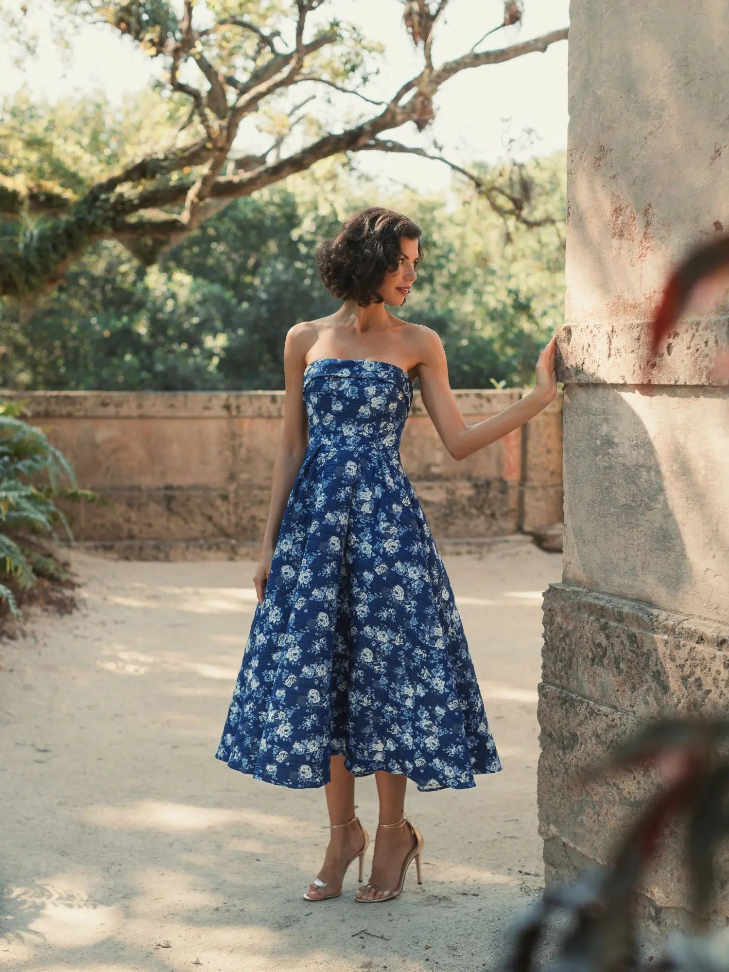 Blue Strapless Brocade Midi Dress