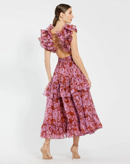 Red and Pink Ruffle Tiered Cut-Out Chiffon Midi Dress
