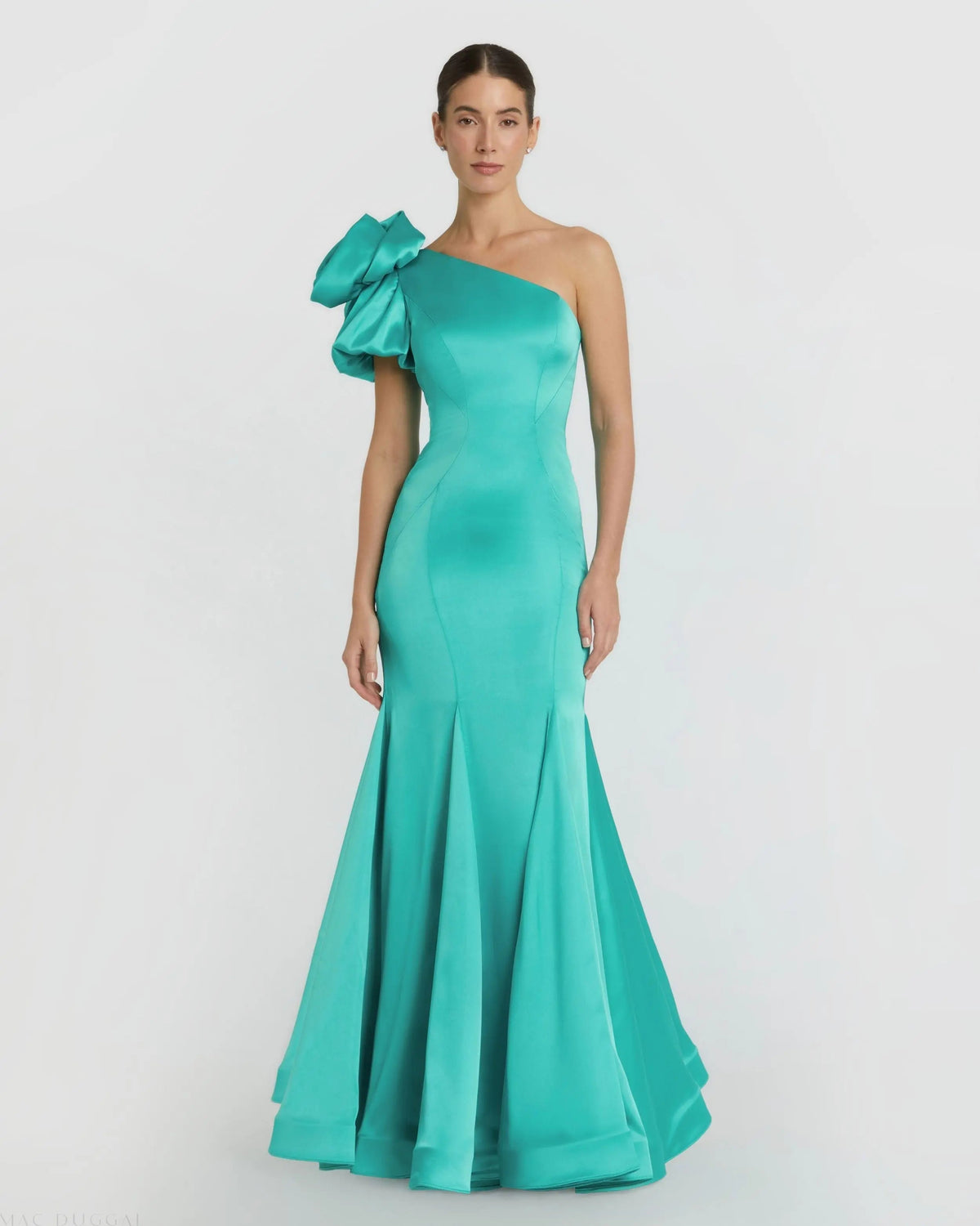Green One Shoulder Bustier Satin Mermaid Gown
