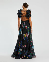 Black Ruffle Tiered Floral Cut-Out Chiffon Gown