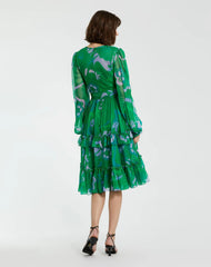 Green Printed Chiffon Bishop Sleeve Tie Waisted Ruffle Midi Dress