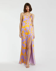 Purple Orchid Floral Printed Charmeuse One Shoulder Maxi Dress With Slit