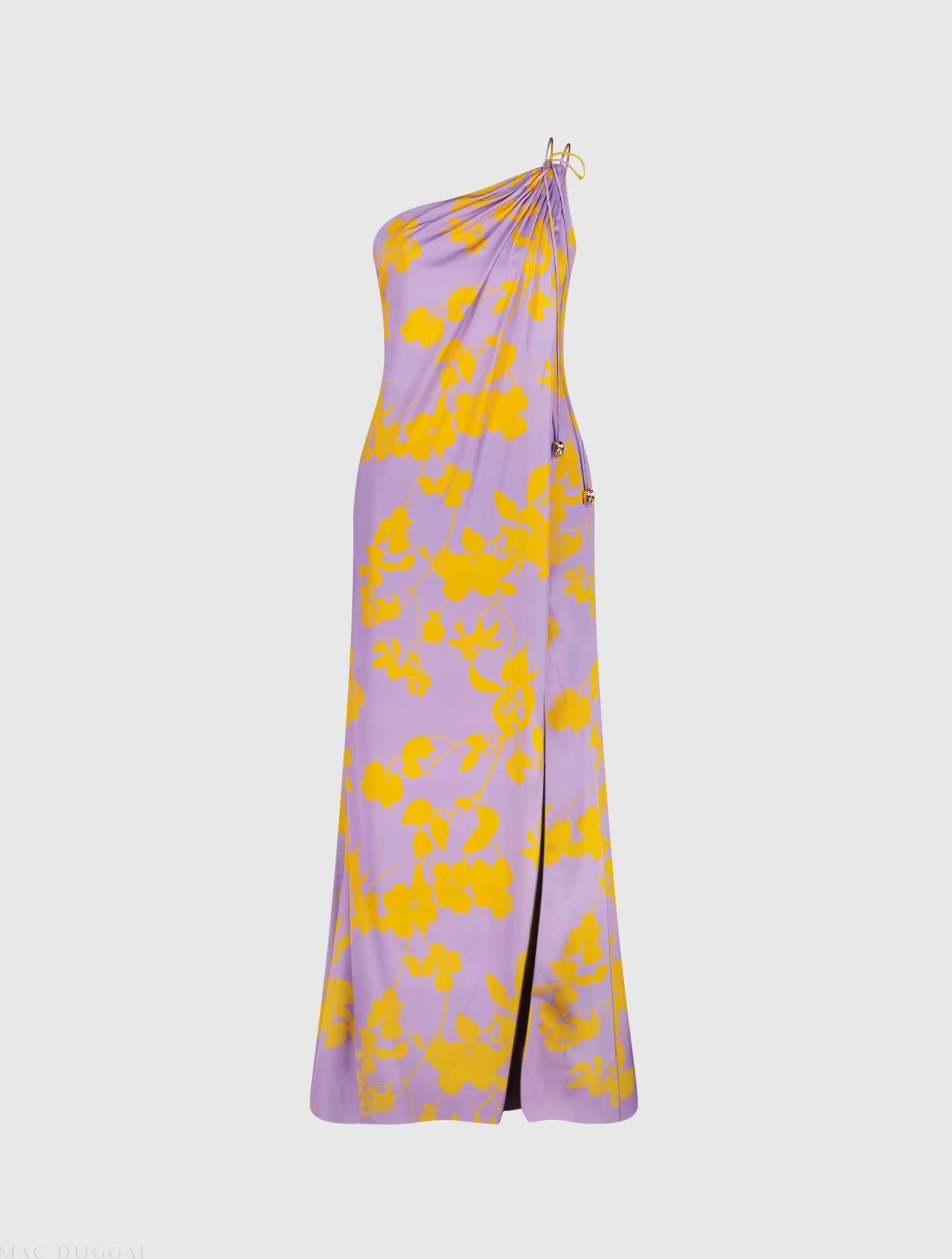 Purple Orchid Floral Printed Charmeuse One Shoulder Maxi Dress With Slit