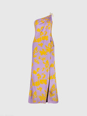 Purple Orchid Floral Printed Charmeuse One Shoulder Maxi Dress With Slit