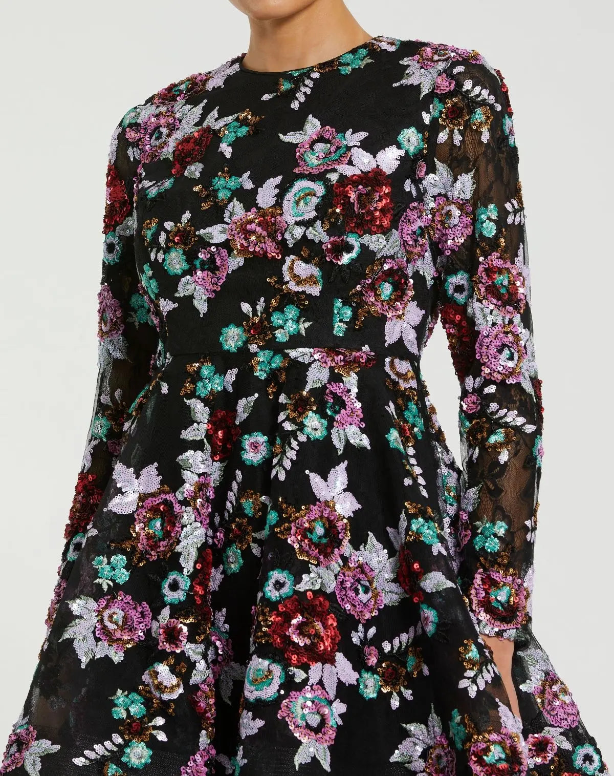 Black High Neck Long Sleeve Sequin A Line Mini Dress