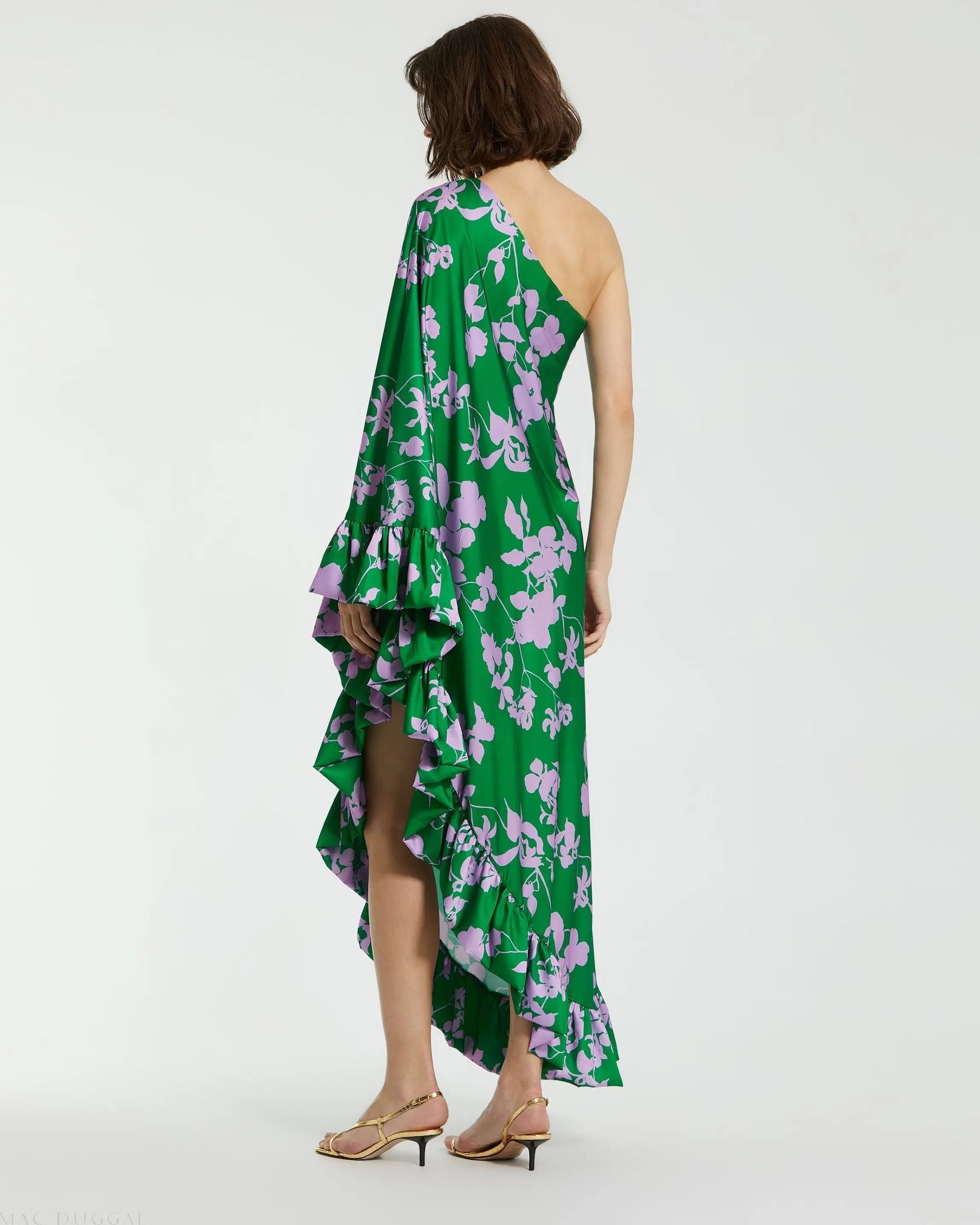 Green Printed Charmeuse One Shoulder Draped Gown