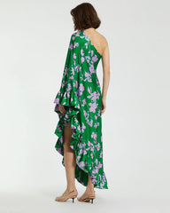 Green Printed Charmeuse One Shoulder Draped Gown
