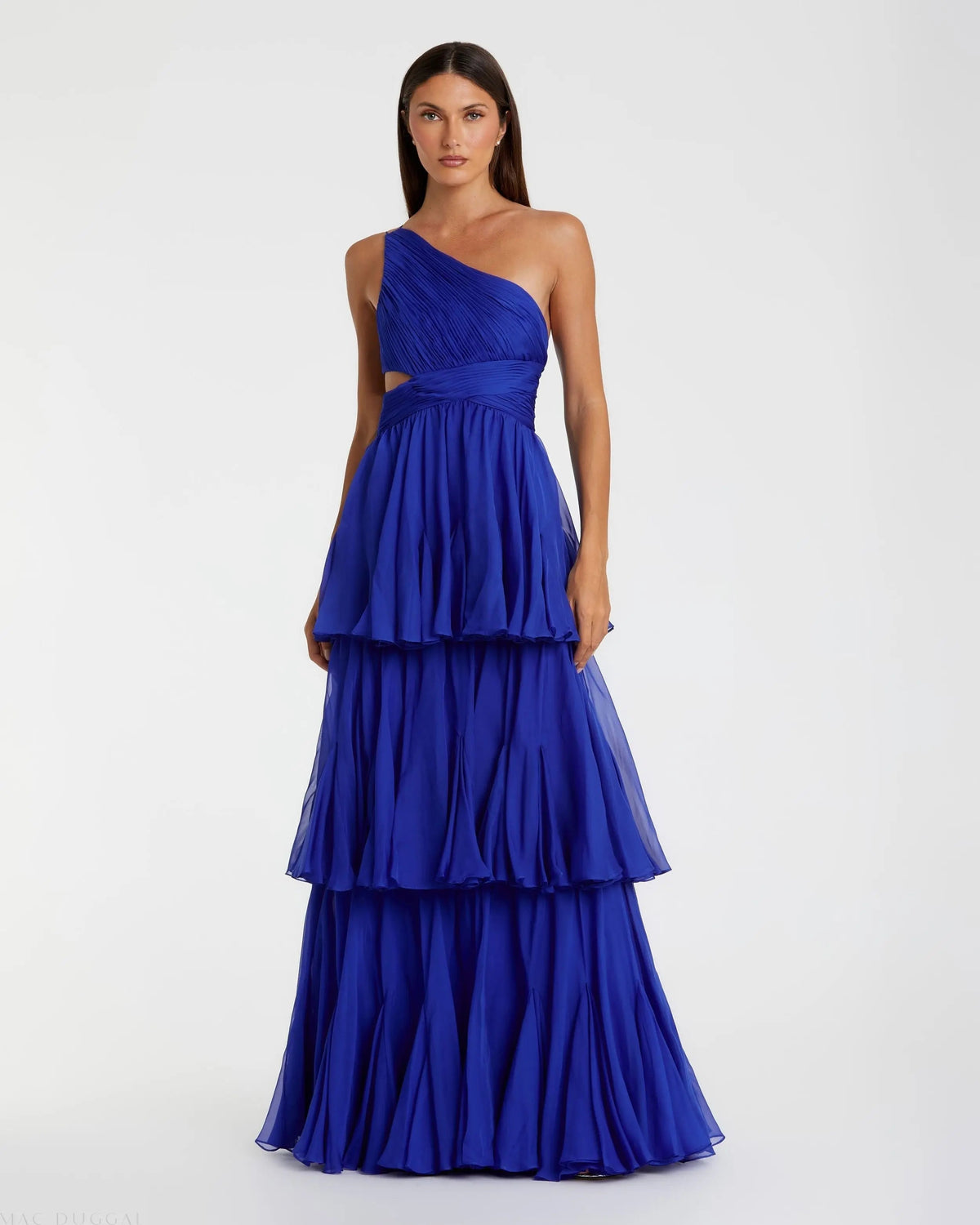 Blue One-Shoulder Tiered A-Line Chiffon Gown