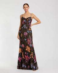 Black Multicolor Floral Embroidered Trumpet Gown