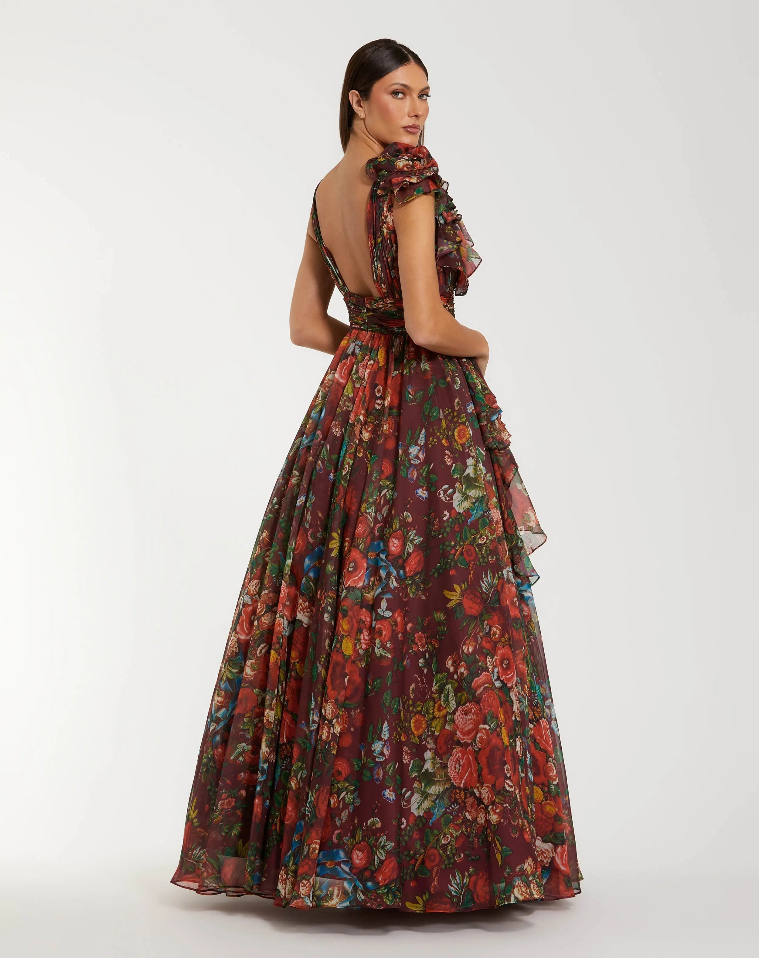 Wine Sleeveless V-Neck Floral Chiffon Ruffle Ball Gown