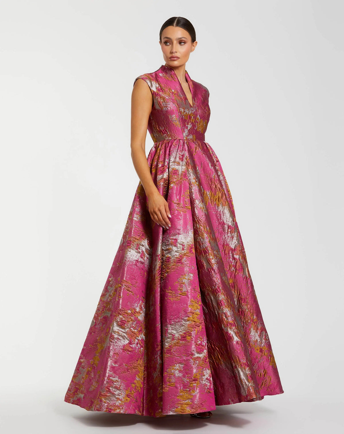 Pink Metallic Jacquard Ball Gown with Mandarin Collar and Cap Sleeves