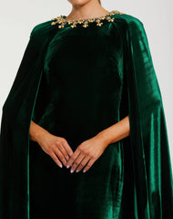 Dark Green Velvet Cape Gown With Embellished Neckline