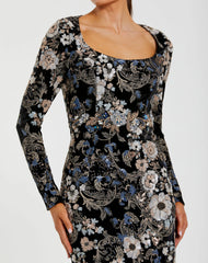 Black Multicolor Embroidered Velvet Evening Gown with Long Sleeves