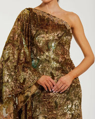Gold One-Shoulder Metallic Burnout Velvet Evening Gown