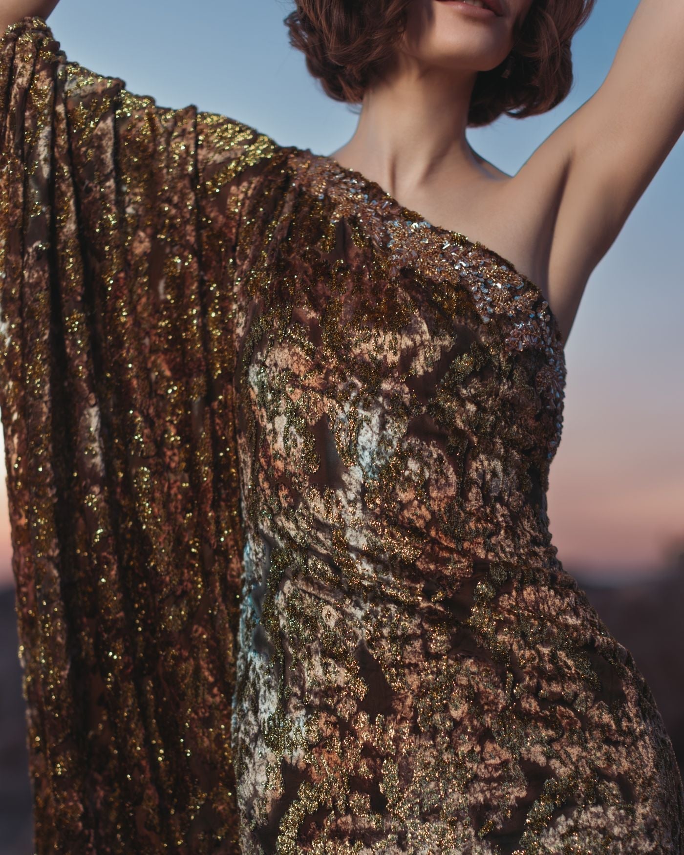 Gold One-Shoulder Metallic Burnout Velvet Evening Gown
