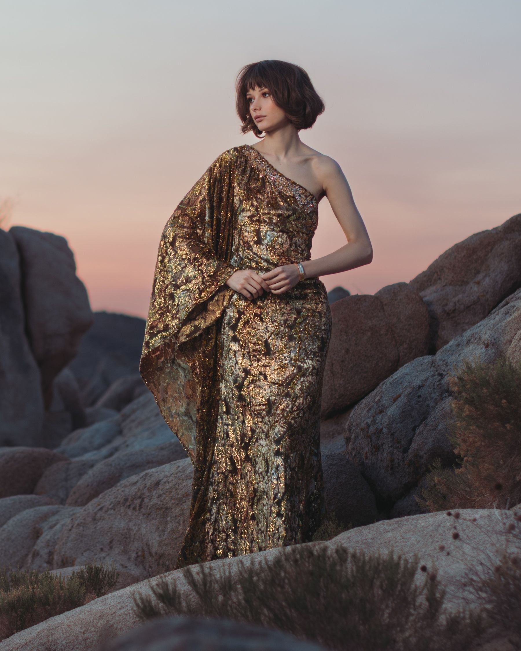 Gold One-Shoulder Metallic Burnout Velvet Evening Gown