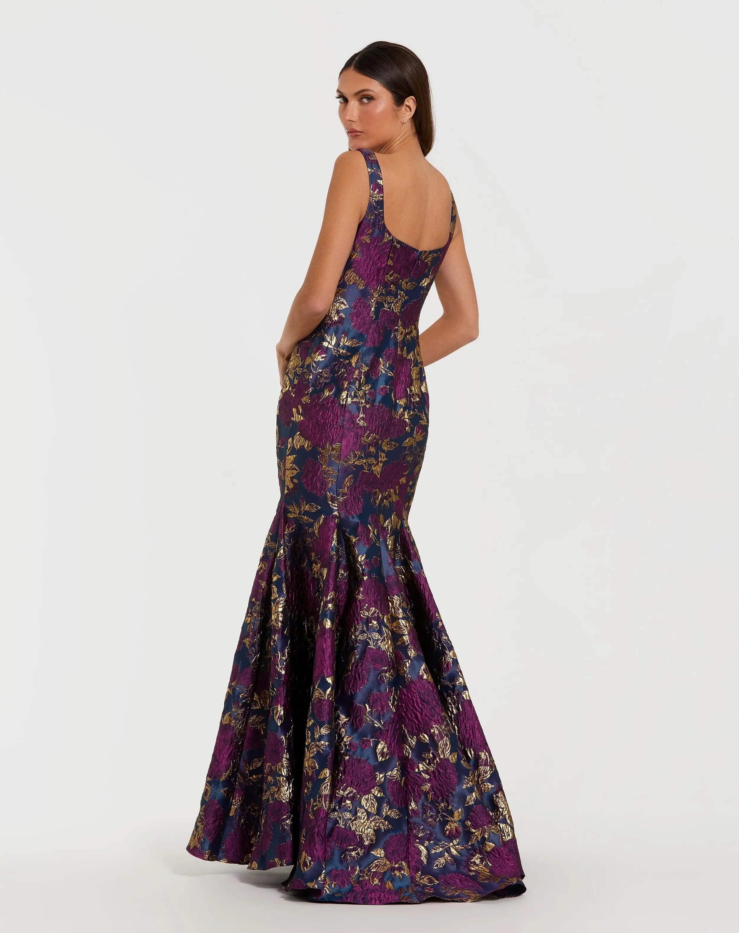 Navy Multicolor Sleeveless Brocade Trumpet Gown