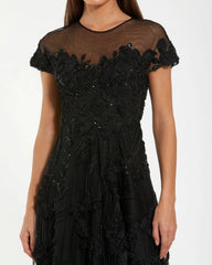 Black Embellished Lace Illusion Neck A-Line Midi Dress