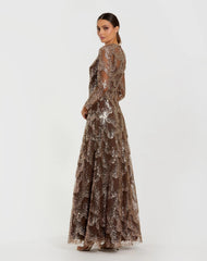 Brown Embellished Long Sleeve High Neck Evening Gown