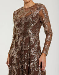 Brown Embellished Long Sleeve High Neck Evening Gown