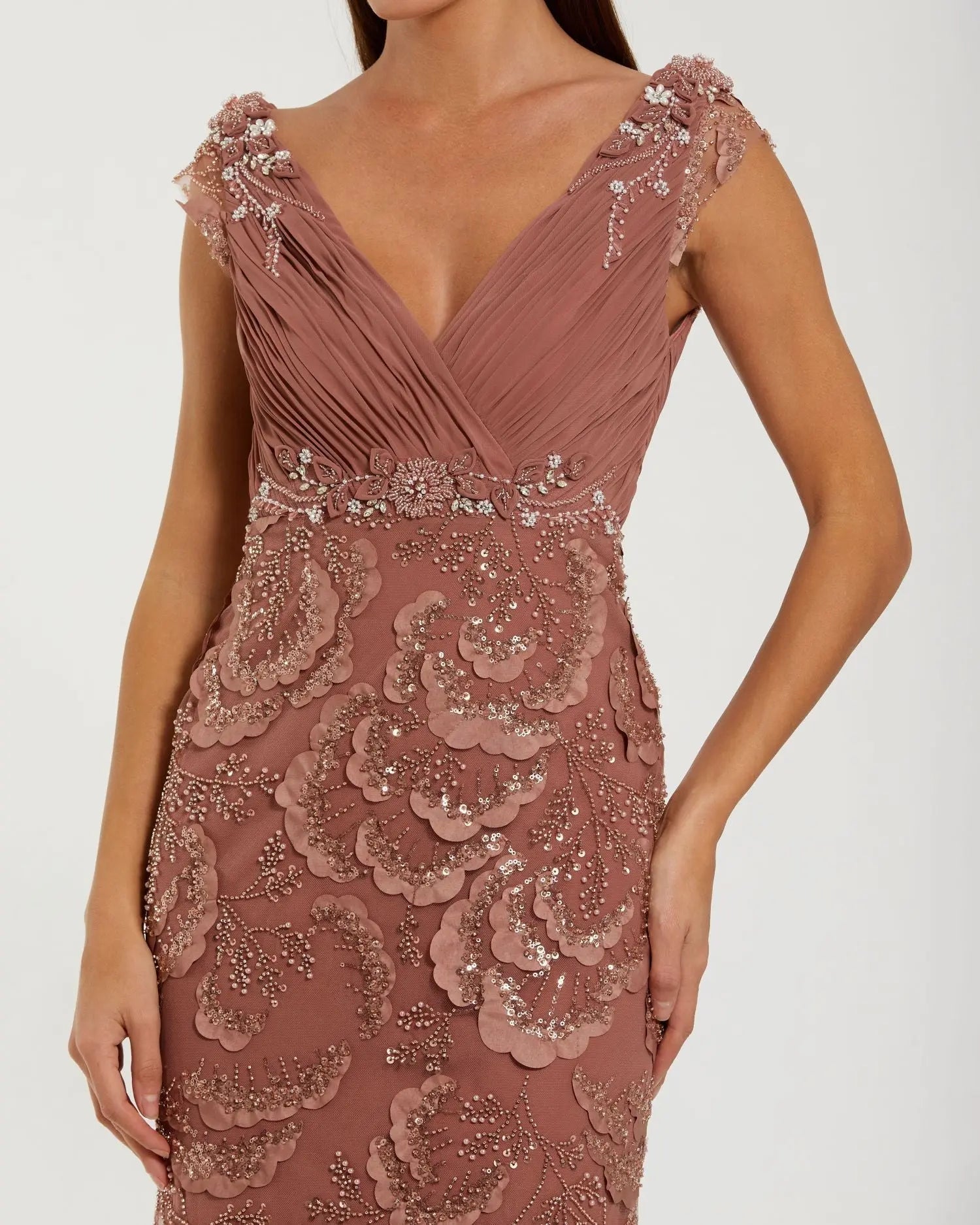 Pink Floral Beaded Chiffon V-Neck Evening Gown