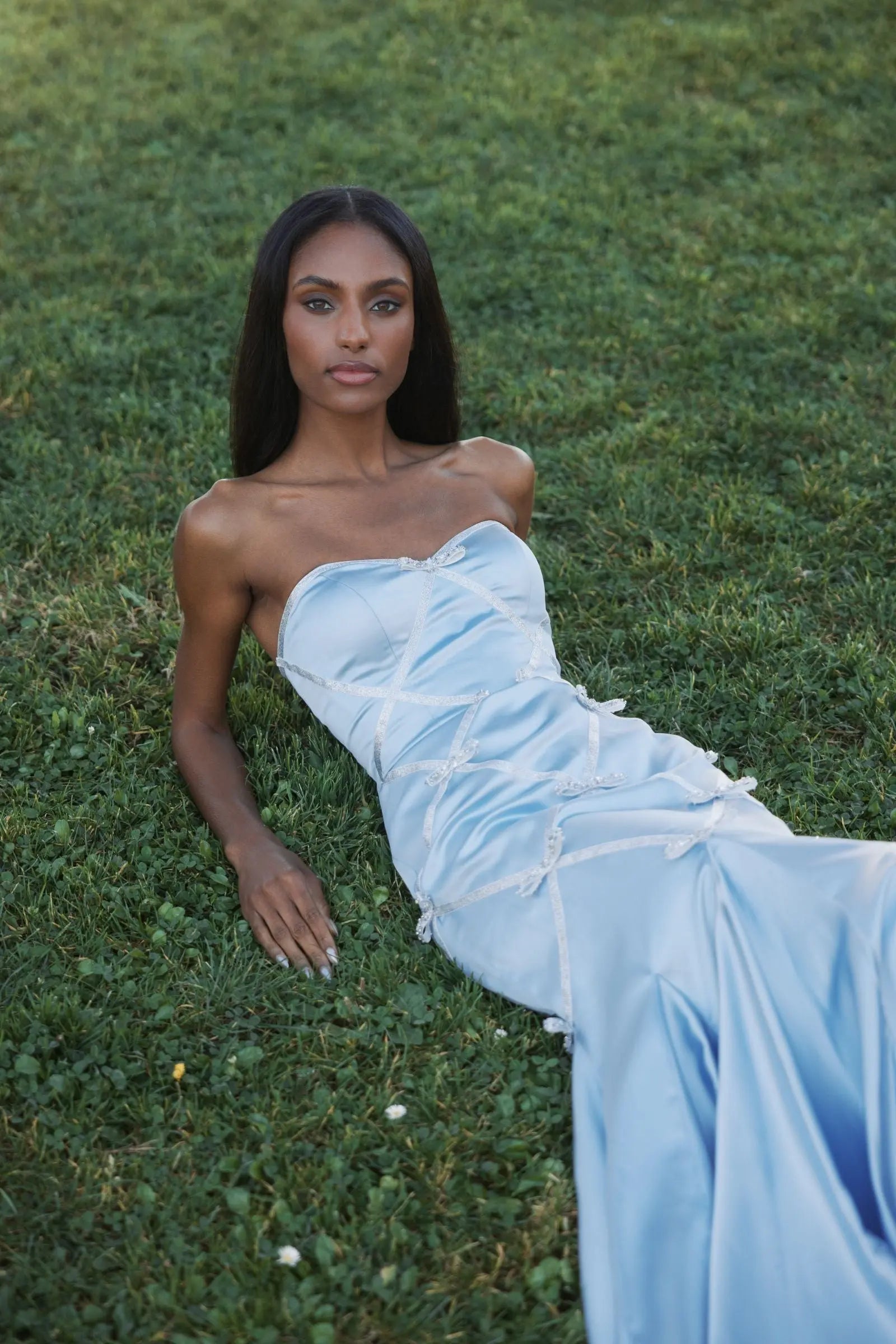 Blue Strapless Satin Trumpet Dress With Bow Details