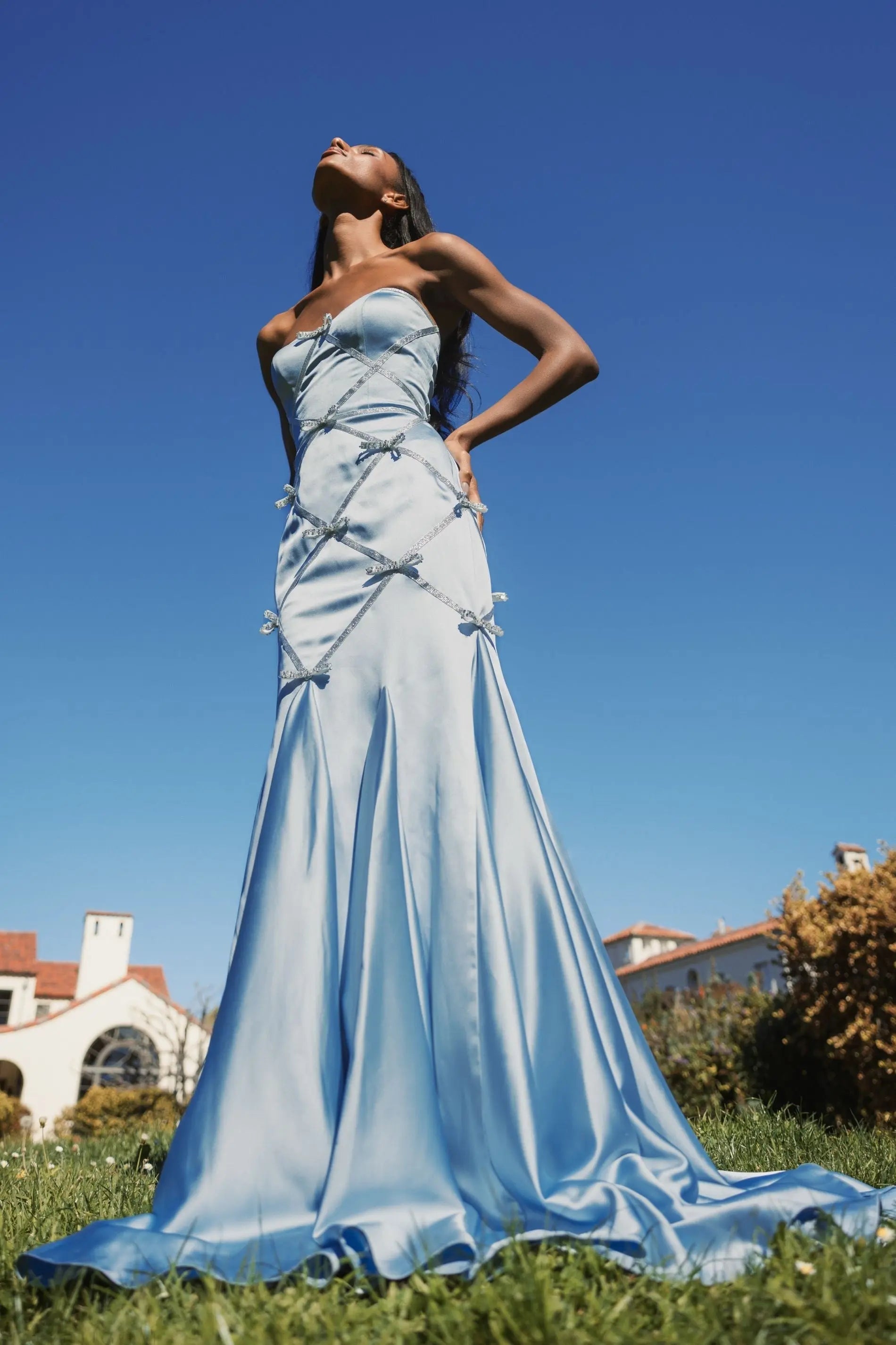 Blue Strapless Satin Trumpet Dress With Bow Details