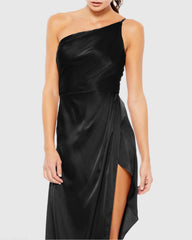Black One Shoulder Hi-Low Draped Charmeuse Dress