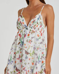 White Butterfly Print Ruffle Hem Mini Dress