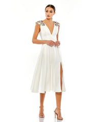 White Beaded Cap Sleeve A Line Midi Dress