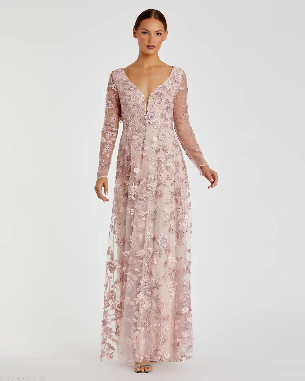 Floral Applique Long Sleeve Illusion Gown