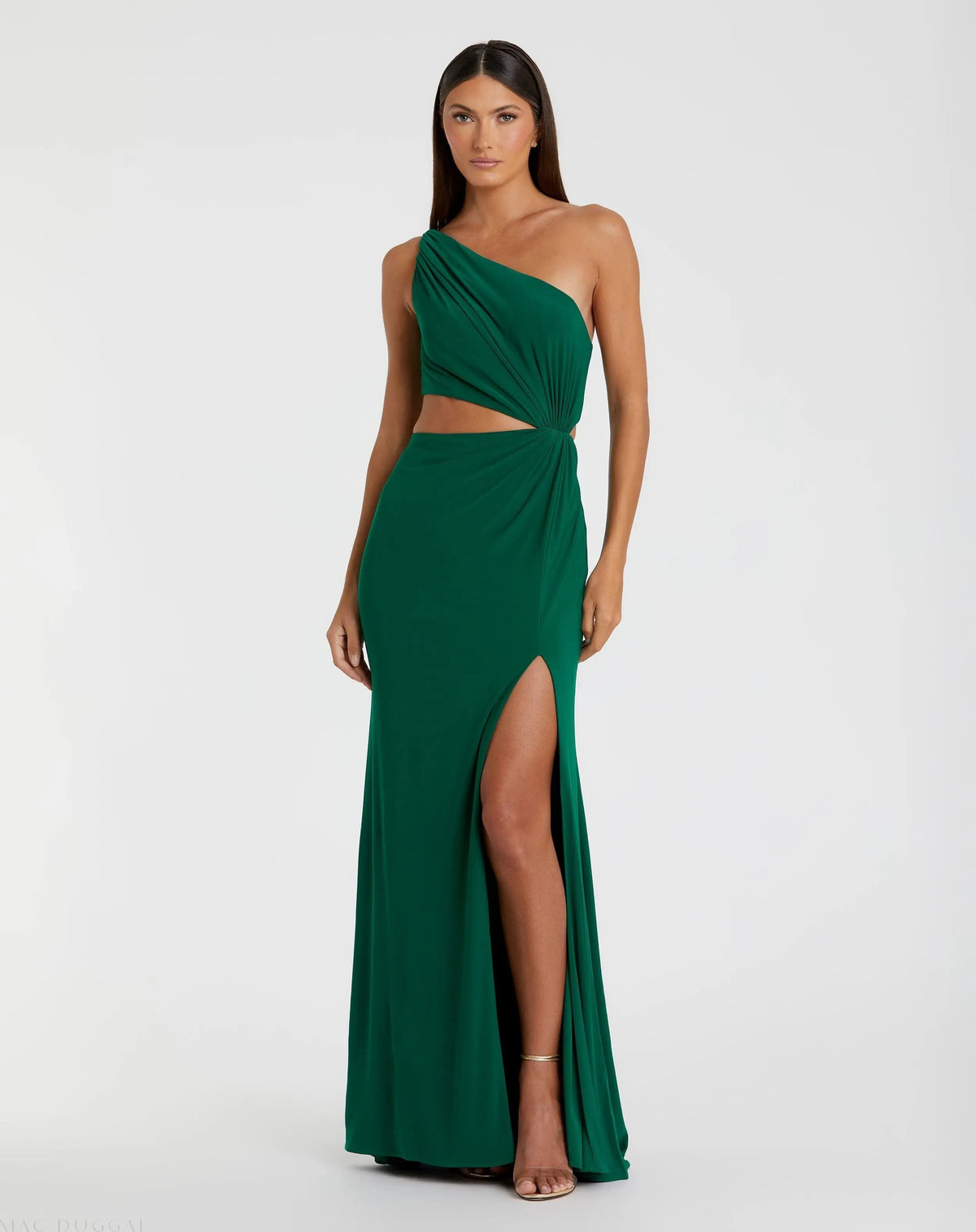 Green One Shoulder Ruched Cut Out Jersey Gown