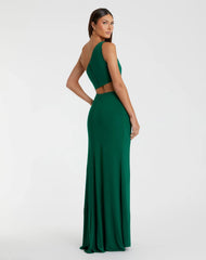 Green One Shoulder Ruched Cut Out Jersey Gown