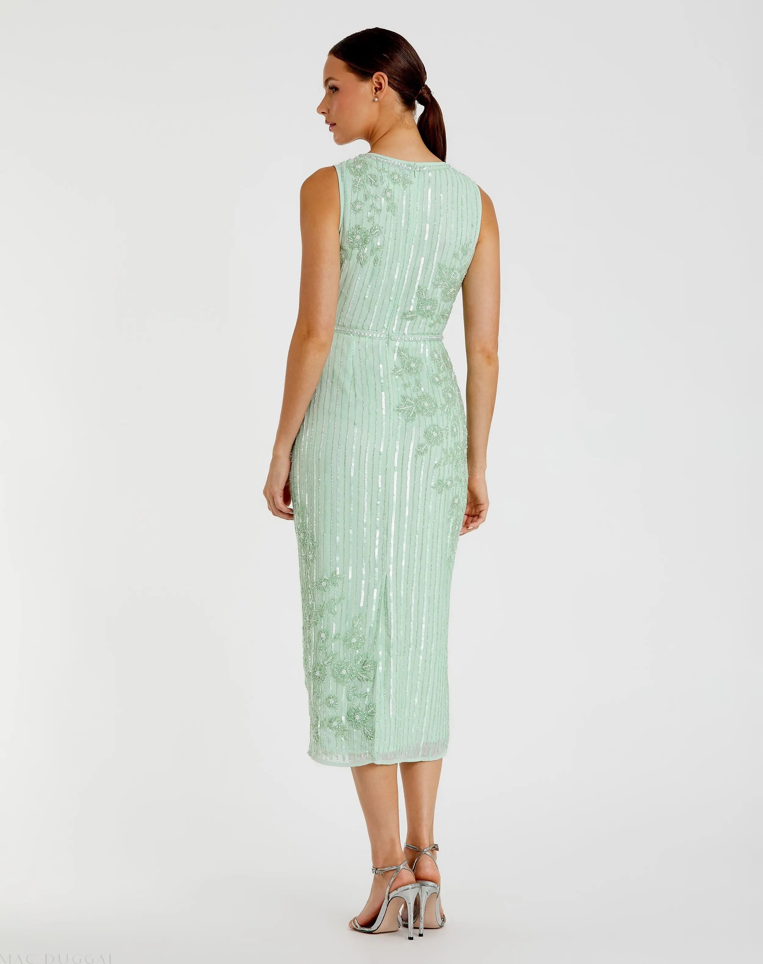 Green Striped Floral Embellished Sleeveless Midi Dress
