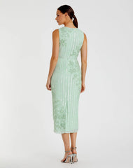 Green Striped Floral Embellished Sleeveless Midi Dress