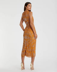 Orange Abstract Beaded Sleeveless Midi Sheath Dress