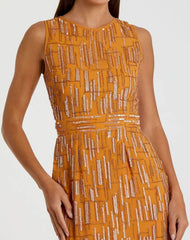 Orange Abstract Beaded Sleeveless Midi Sheath Dress
