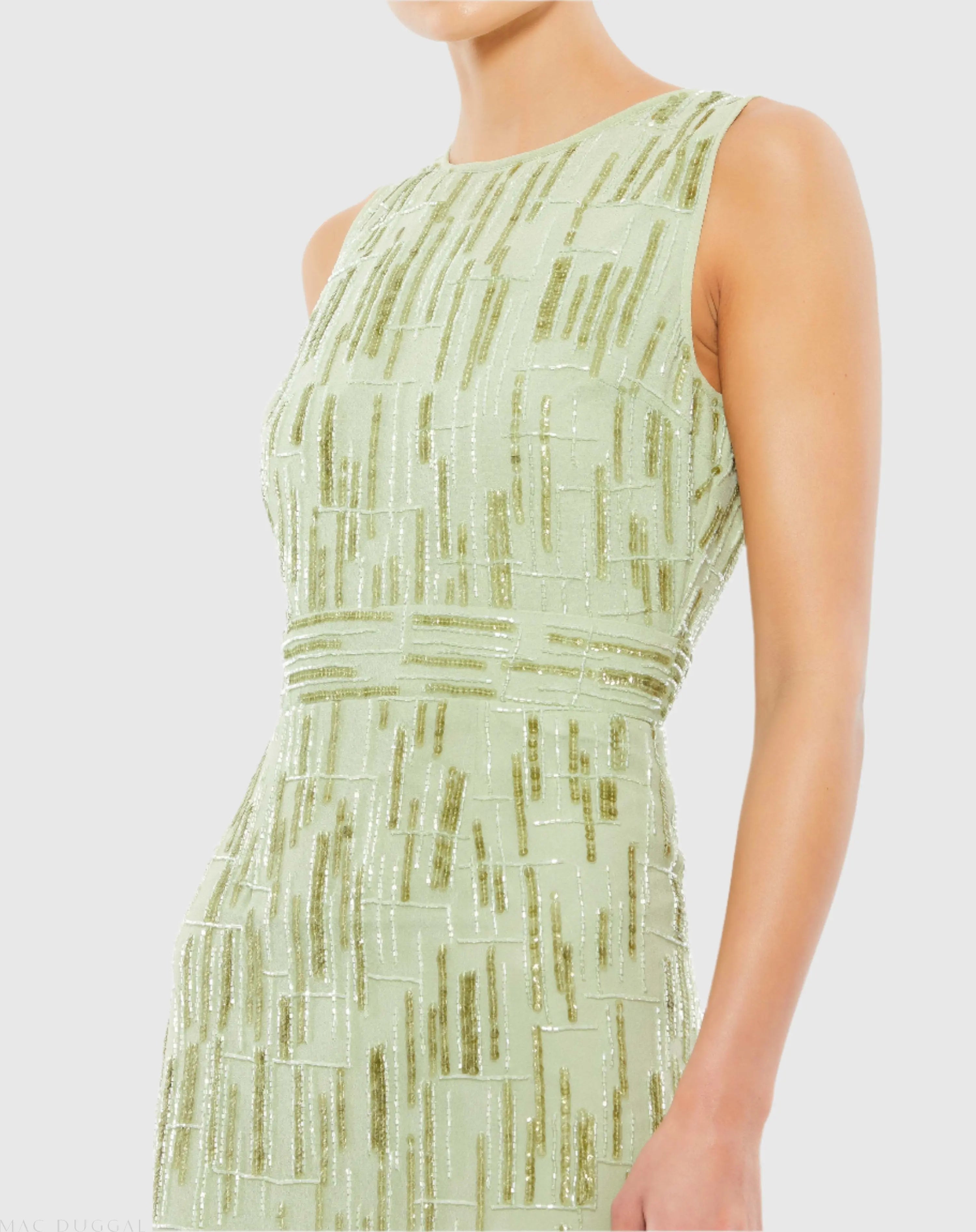Green Abstract Beaded Sleeveless Midi Sheath Dress