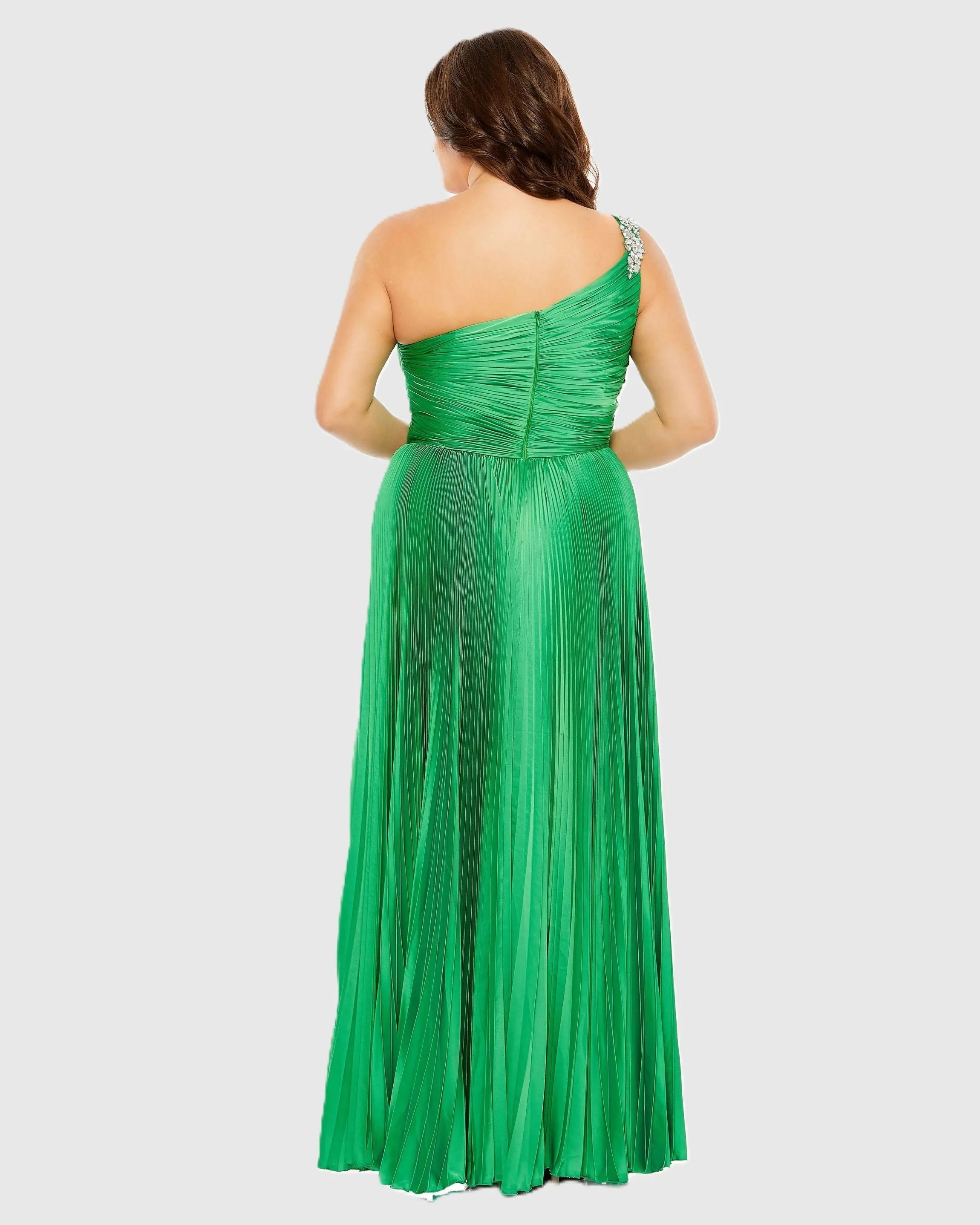 Green One Shoulder Embellished Pleated Sleeveless Gown