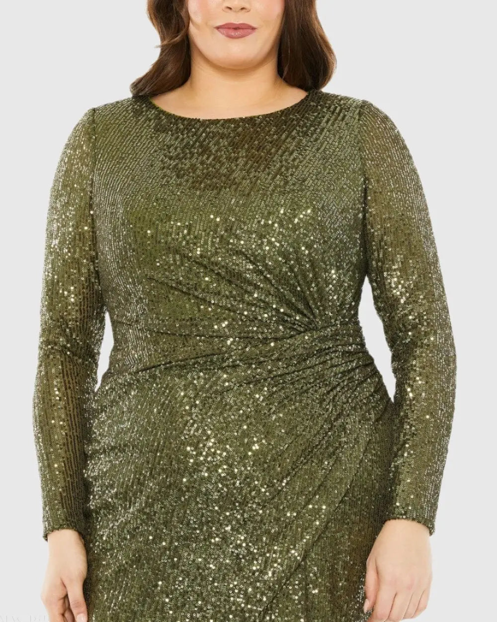 Green Long Sleeve Sequin Gathered Waist Dress
