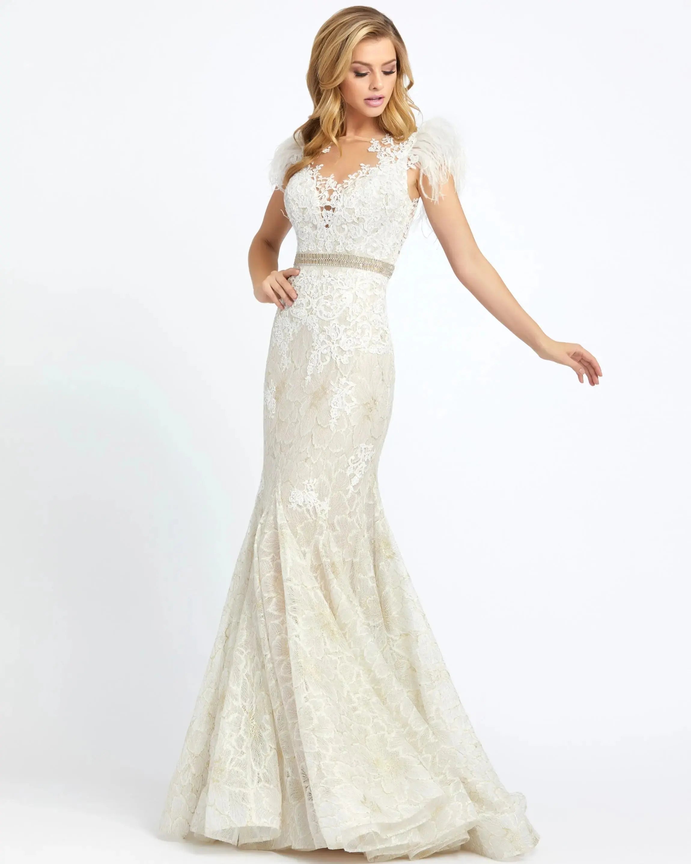 Embellished Feather Cap Sleeve Illusion Neck Trumpet Gown
