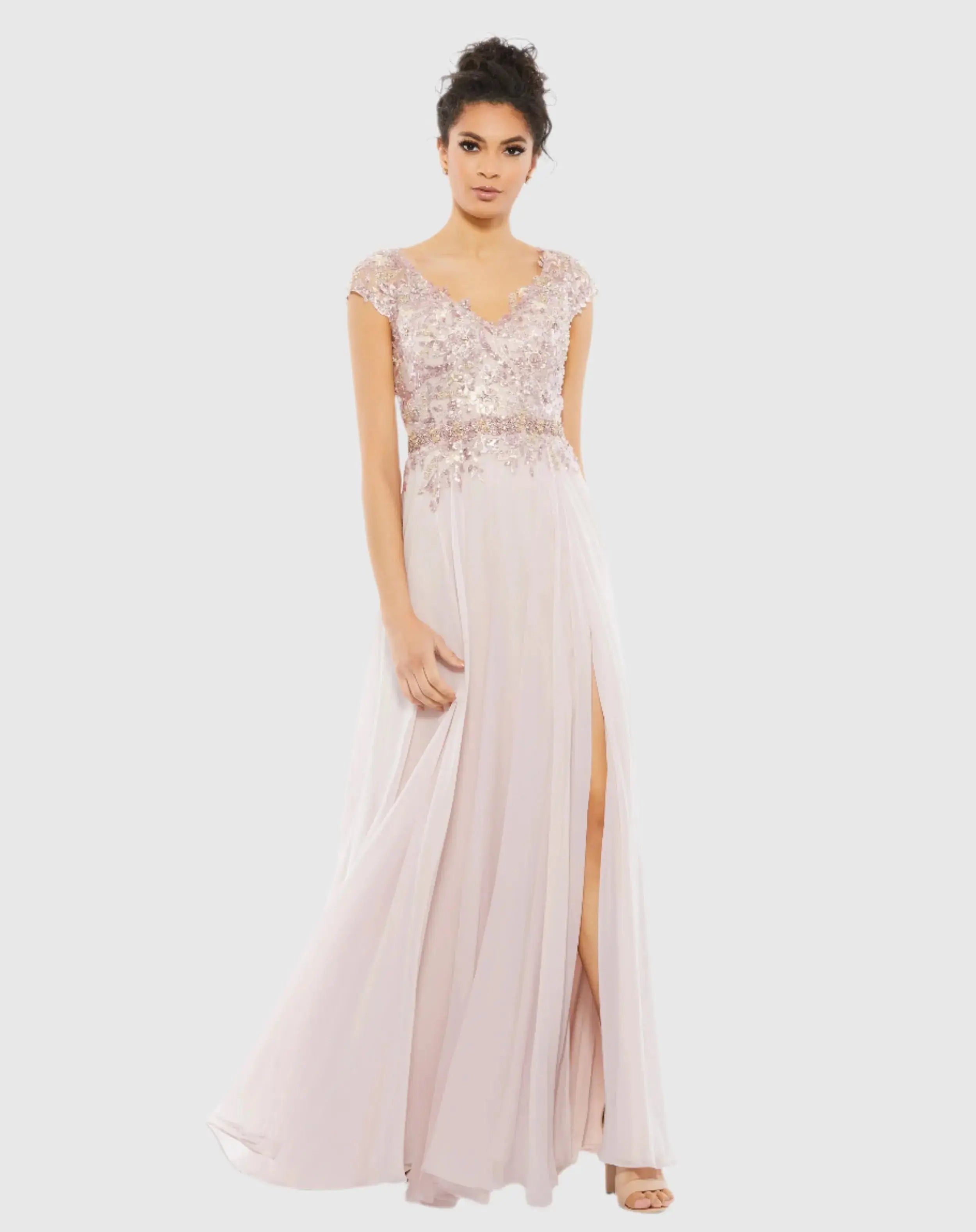 Embellished Cap Sleeve Bodice Flowy Gown