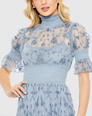 Blue Floral Embroidered Smock Neck Tiered Ruffle Dress