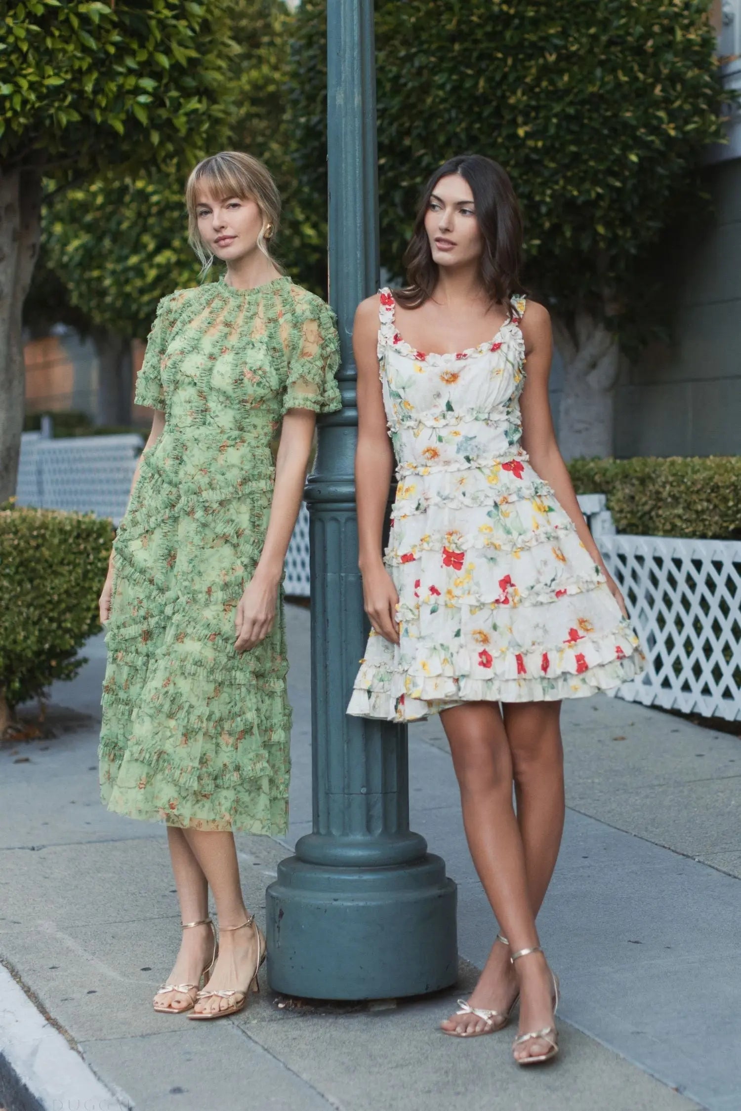 Green Illusion Floral Midi Dress with Ruffle Detailing