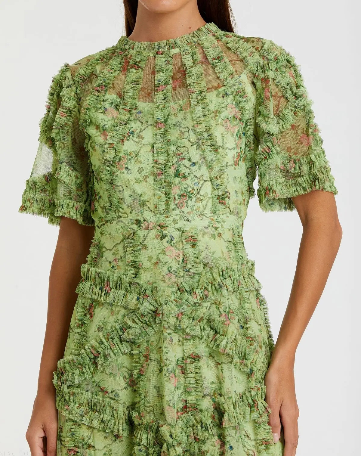 Green Illusion Floral Midi Dress with Ruffle Detailing