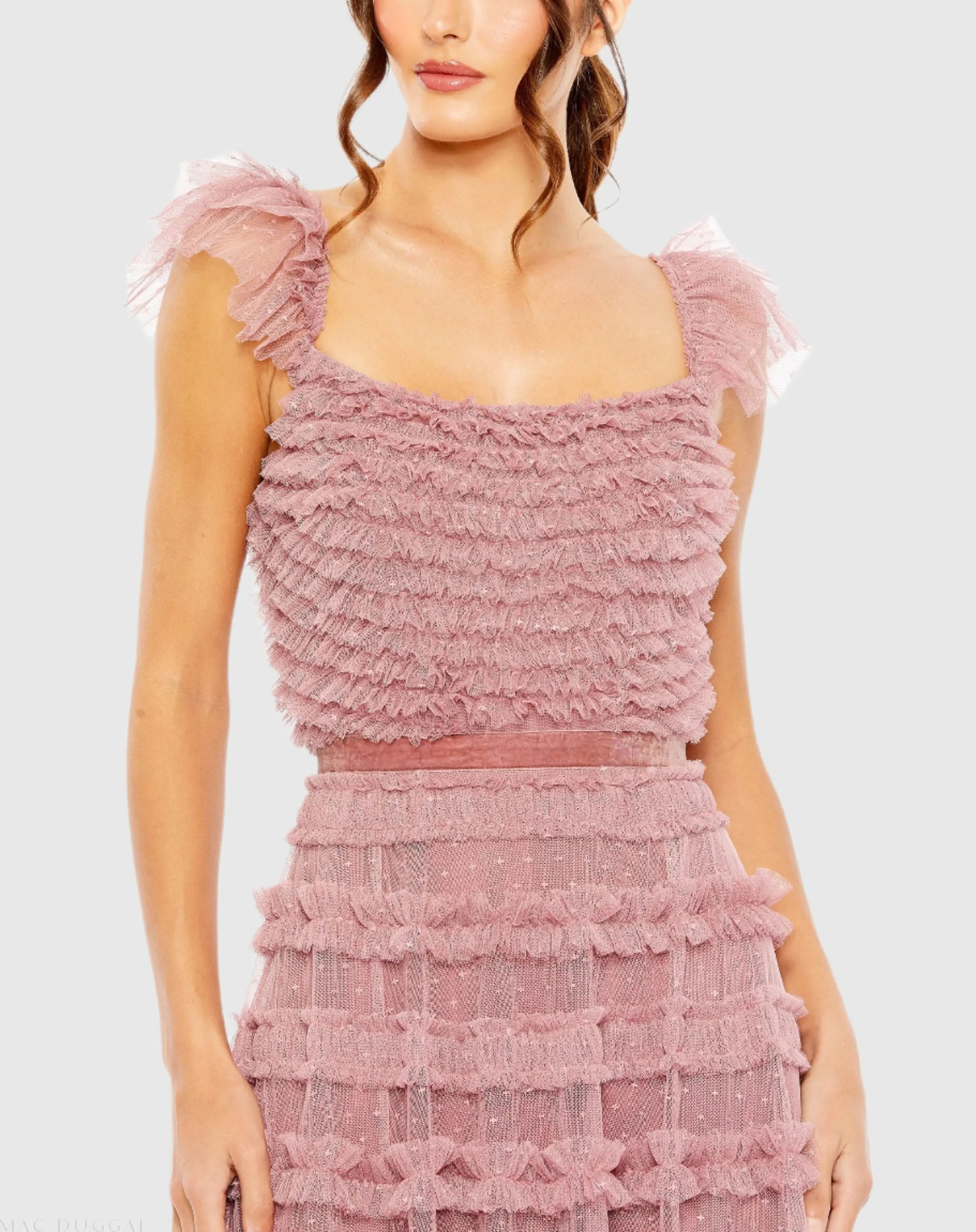 Pink Tiered Ruffle Cap Sleeve Gown