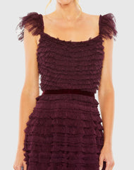 Purple Ruffle Cap Sleeve Tiered Midi Dress